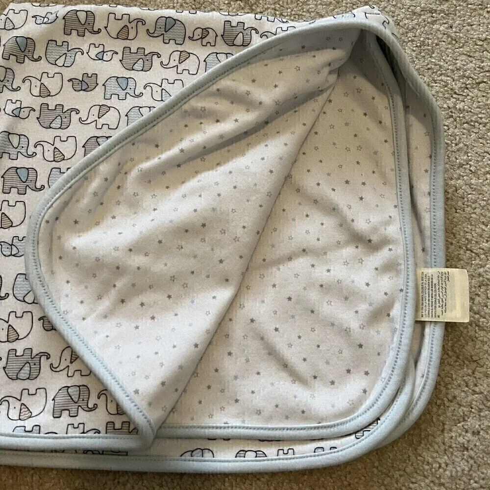Elephant Stars Baby Blanket Grey Light Blue White Soft Reversible Crib Cotton